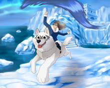 Load image into Gallery viewer, &quot;Custom Avatar The Last Airbender photo&quot; of a blonde woman dressed as a waterbender, sitting on a dog who is drawn as appa with an ice and water background. 
