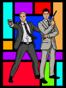 2 men, standing in front of multicolor tiles, one holding a pistol and a hip flask and another dressed as Archer holding a gun.