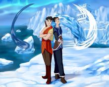 Load image into Gallery viewer, 2 people dressed as Aang and Sokka, both smiling with ice and water background in this &quot;Avatar The Last Airbender style portrait&quot;.
