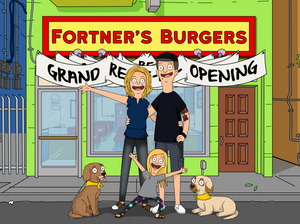 Man wearing a cap, having tattoos on his arm and has his hand wrapped around the woman's waist, the daughter posing like louise, and dogs sitting on the ground in a bob's burgers family picture