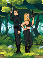 Load image into Gallery viewer, Custom Archer Portrait of a  blonde woman wearing a crop top, holding a pistol and a man with brown hair, also holding a pistol and facing the other side in a forest. 
