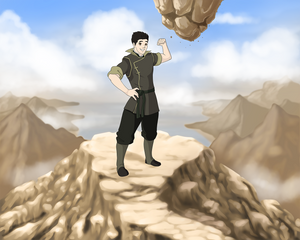 A man drawn as an earthbender showing off his bicep and standing on top of a hill in this Avatar style portrait.
