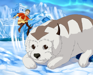 A man dressed as an air bender jumping on a dog drawn as appa in this Avatar The Last Airbender' Style Custom Portrait.