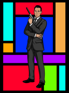 Personalised Archer portrait of a man dressed as Archer, holding a pistol and standing in front of multicolor tiles.
