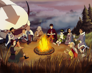 Custom Avatar drawing of a group of people sitting around as bonfire dressed as different kinds of element benders with Appa in the background.