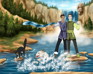 Custom Avatar family portrait of 2 men dressed as water and earth benders standing in the middle of a river, with a dog and a cat with them.