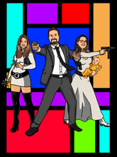 Load image into Gallery viewer, Archer style portrait of a man dressed as archer, holding a gun, woman holding a baby in one hand and a pistol in another and a girl dressed as Lana, with color tiles in the background.
