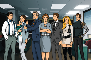 Custom Archer family portrait of 3 women, 4 men and a baby, everyone dressed as characters from the show, standing in the intelligence agency.