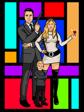 Load image into Gallery viewer, Man as Archer with pistol in his hand and blonde woman as Lana, holding a glass of margarita, and kid standing in the centre with a multicolor tiles background.
