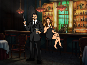 Man wearing a black suit holding a drink in one hand a pistol in another and a woman in a short black dress sitting on bar stool with a drink in her hand.