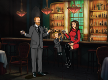 Load image into Gallery viewer, Woman sitting on chair in a red dress, looking at her husband with shock and man standing, wearing Archer&#39;s outfit while the son is sipping milk from his bottle in this Archer style family drawing. 
