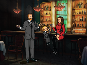 Woman sitting on chair in a red dress, looking at her husband with shock and man standing, wearing Archer's outfit while the son is sipping milk from his bottle in this Archer style family drawing. 