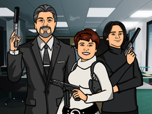 Load image into Gallery viewer, Archer style family picture of 3 people dressed as characters from the show, holding pistols and standing in the intelligence agency.
