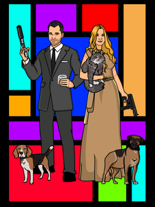 Archer style portrait of a Man as Archer, holding a pistol and a woman wearing beige gown holding a cat in one hand and a gun in another, 2 dogs standing on both sides.
