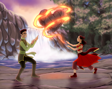 Load image into Gallery viewer, A man and a woman, dressed as earth and fire benders respectively, making a heart with their powers in an Avatar couple portrait.
