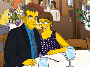 Simpsons style drawing of  couple sitting and posing in a restaurant with man wearing a suit and woman wearing a polka dress and a long necklace.
