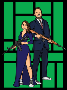 A woman wearing a thigh high slit dress, holding an M16 semiautomatic rifle and a man wearing blue suit holding an M4 rifle in this Archer Couples portrait