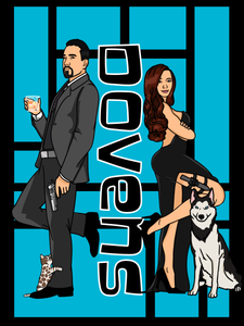 Archer style portrait, man dressed as Archer with a kitten wrapped around his legs, a redhead woman in a black high slit dress, with a knife holster on her thighs, and a dog sitting besides her.
