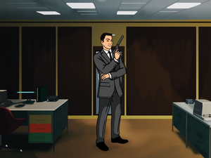 Man drawn as Archer, standing in the intelligence agency, holding a pistol in his hand in an Archer style custom picture.