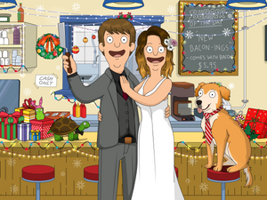 Man and Woman drawn in their wedding outfits, man holding a knife and a dog sitting on the stool wearing a red tie in this bobs burger style portrait.