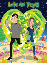Load image into Gallery viewer, A man in a grey sweatshirt, wearing glasses is holding hands with a blonde hair woman wearing an all-denim outfit with cowboy boots and holding a gun in her hand in this Rick and Morty couple art.
