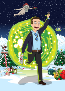 Rick and morty personal portrait of a man wearing a suit, holding portal gun, having his glasses hooked onto his shirt with christmas decorations around.