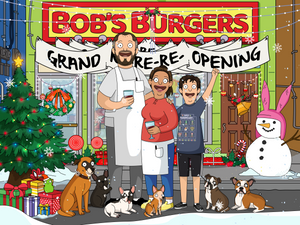 bobs burgers family photo with couple dressed as Bob and Linda holding glasses of wine, kid standing beside them with his hands up in the air, pet dogs sitting on the ground.