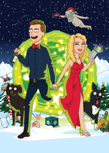 Load image into Gallery viewer, A blonde woman, wearing a red dress holding hands with a man who is wearing a blue shirt with a red bow tie and christmas decoration around the portal in this rick and morty personalised art.
