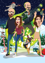 Load image into Gallery viewer, 4 humans and a pet stepping out of the portal, holding guns in their hands in a beautiful christmas setting in this Rick and Morty drawing.
