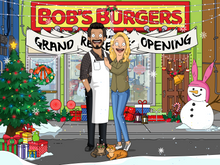 Load image into Gallery viewer, A couple standing outside the restaurant with man wearing bob&#39;s apron and woman with blonde hair having her hand resting on man&#39;s chest in this bobs burgers style christmas theme family portrait
