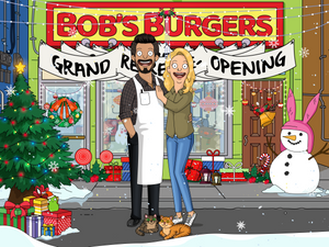 A couple standing outside the restaurant with man wearing bob's apron and woman with blonde hair having her hand resting on man's chest in this bobs burgers style christmas theme family portrait
