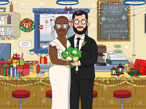 Bob's Burger style portrait of a Couple in their wedding outfits, holding a bouquet and Christmas decorations inside the restaurant.