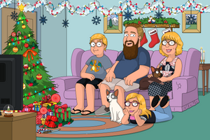 family guy personalised portrait of 4 humans and 2 dogs, with christmas decorations in the room. 
