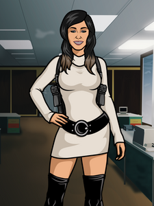 Personalised Archer Portrait of a woman who is dressed as Lana, has short black wavy hair, and is standing in the intelligence agency.