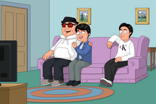 Load image into Gallery viewer, Man and woman looking at each other, smiling, man wearing glasses and a hat and their son sitting on other side of the couch in this Family guy style portrait.
