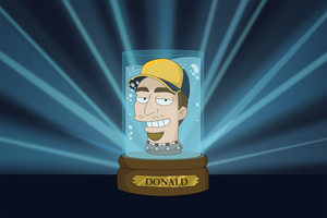 A man named Donald is inside a jar wearing a yellow cap and having a devilish grin on his face in this Futurama portrait. 