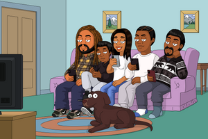 Custom Family guy portrait of 5 people and 1 dog, all humans on the couch, looking at their phones and the dog is watching TV. 