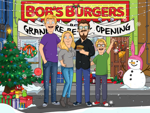 custom bobs burgers family portrait with a family of 4 standing outside the restaurant, man holding a burger in a plate, christmas decorations around the restaurant. 
