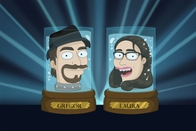 Load image into Gallery viewer, Couple named Laura and Gregor are inside the jar in this Futurama Couple Portrait, woman wearing specs and man wearing a hat.
