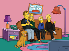 Load image into Gallery viewer, the simpsons family portrait with a man winking and holding a doughnut, woman smiling, 2 kids and a dog are watching tv.
