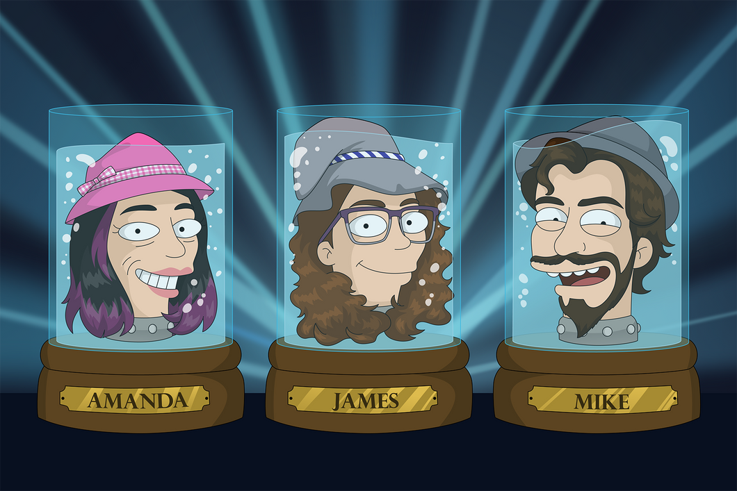 3 people inside jars with smiling faces and wearing different types of hats in this Futurama Style portrait.