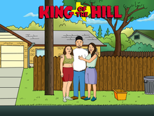 Load image into Gallery viewer, A King of the hill custom picture of a family dressed as characters of the show and standing in front of the fence with show&#39;s logo on the top.
