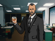 Load image into Gallery viewer, A man dressed as Archer with a zero fade haircut, holding a drink in his hand, standing in the intelligence agency in this customized archer portrait.
