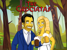 Load image into Gallery viewer, Simpsons couple portrait of Man and woman in a forest, wearing their wedding outfits and enjoying drinks together.
