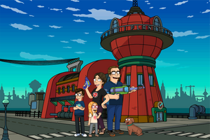 Futurama style family portrait in which the couple is holding guns, kids are posing and dog is sitting on the ground.