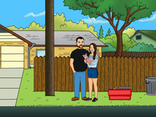 Load image into Gallery viewer, King of the hill style family portrait with a couple and their baby standing infront of the fence and a beer cooler lying on the ground.
