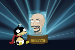 Custom Futurama portrait of a bald man with a bright smile and big eyes inside the jar and nibbler sitting next to the jar.
