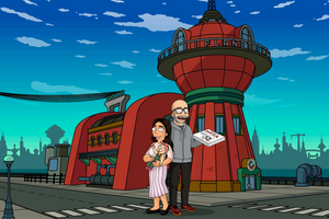Couple standing in front of planet express, woman holding a baby and man holding a box of pizza in this  Futurama family portrait.