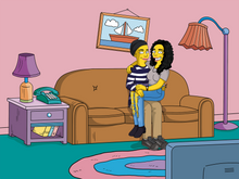 Load image into Gallery viewer, A woman sitting on the couch, wearing a beanie with another woman sitting on her lap and wearing a ripped jeans in this simpsons custom picture.
