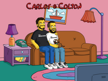 Load image into Gallery viewer, Two men sitting on the couch with one of them holding a dog in a personalised simpsons portrait.

